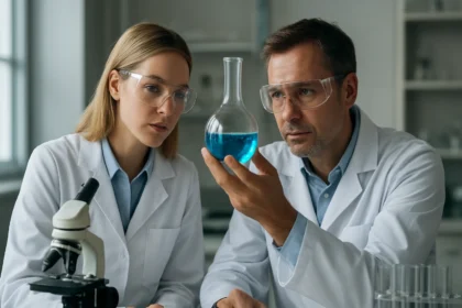 Két tudós egy kémcsövet vizsgál, kémiai reakció során.