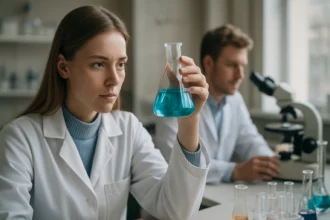 Kémikus izomerizációval foglalkozik laboratóriumban, kémcsővel.