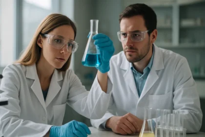 Két tudós laboratóriumban kémiai kísérletet végez