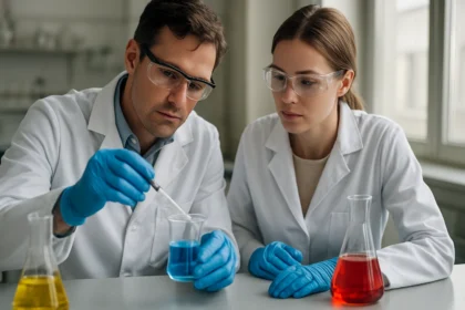 Két kémikus laboratóriumban kísérletet végez az izo-propenilcsoport vizsgálatára.