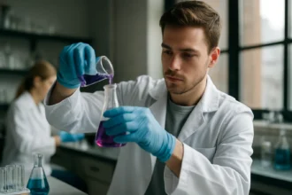 Kémikus kísérletet végez a laborban, élénk színű folyadékokkal.