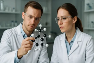 Kémikusok az izopropil-alkohol molekuláját vizsgálják laboratóriumban.