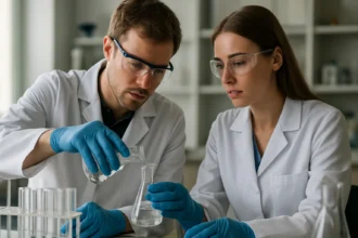 Kutatók izopropil-benzol kémiai elemzése laboratóriumban