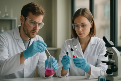 Két tudós laboratóriumban az izo-aszkorbinsav vizsgálata közben