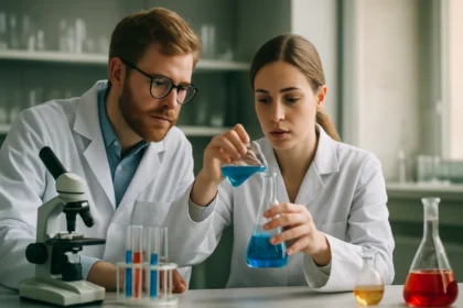 Két tudós laboratóriumi kísérletet végez izotiociánsavval.