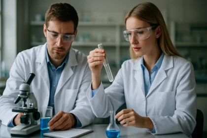 Két tudós laboratóriumban dolgozik izotiociánsavas észterekkel.