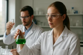 Kémiakísérlet: kutatók zöld folyadékot vizsgálnak laboratóriumban.