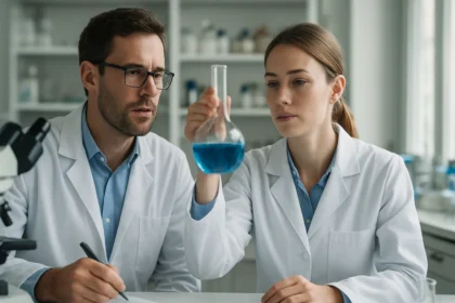 Két kutató elemzi a kék folyadékot laboratóriumban.