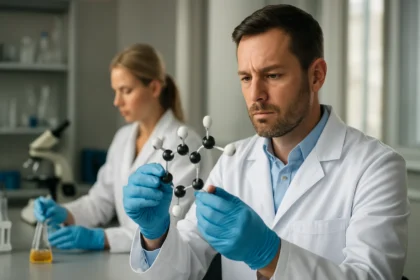 Két kémikus laboratóriumban, dextrorotatív molekulák vizsgálata közben.