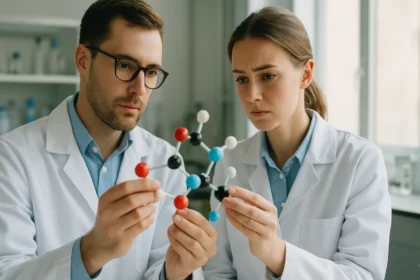 Két kutató jód-klorid molekulát tanulmányoz a laboratóriumban.