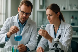 Két tudós kémiai kísérletezés közben laboratóriumban.