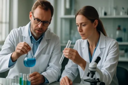 Két tudós kémiai kísérletezés közben laboratóriumban.