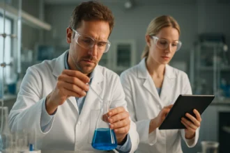 Két tudós kémiai kísérletet végez laboratóriumban jód-pentoxiddal.