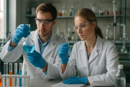 Két kutató laboratóriumban, jód sav és kémiai elemzés folyamatban.