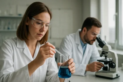 Kémikusok laboratóriumban, jódsav és kémiai reakciók vizsgálata.