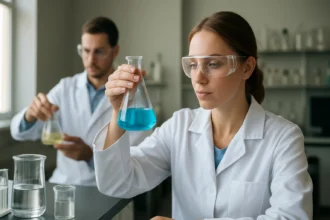 Két kutató laboratóriumban, kémiai kísérletek során.