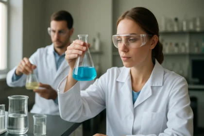 Két kutató laboratóriumban, kémiai kísérletek során.