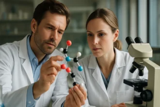 Két tudós, akik egy molekulamodellel foglalkoznak laboratóriumban.