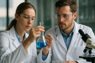 Két kutató laboratóriumban kémiai kísérletet végez.