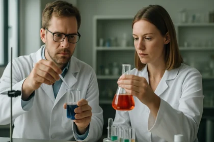 Két kutató laboratóriumban kísérletezik a kád konformációval kapcsolatban.