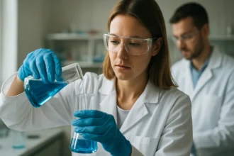 Kémikusok kísérleteznek laboratóriumban, kadmium elem vizsgálata