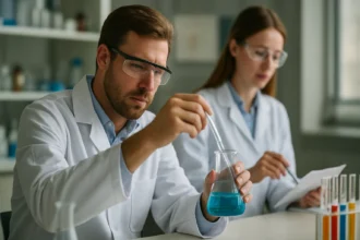 Kémikusok kadmium-szulfid kutatás közben laboratóriumban.