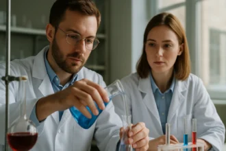 Két kutató laboratóriumban kémiai kísérletezést végeznek.