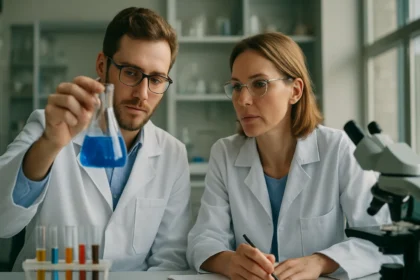 Két kémikus laborban kalcium-aszkorbáttal foglalkozik