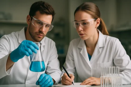 Két kutató laboratóriumi környezetben kalcium-benzoátot elemzi.