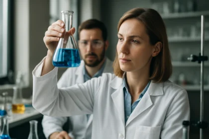 Kémikusok laboratóriumban, kalcium-hidrogén-karbonát elemzése