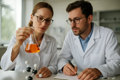 Két kutató laboratóriumban, kalcium-biszulfát elemzése közben.