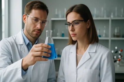 Két kémikus laboratóriumban, kék folyadékkal teli főzőedénnyel.