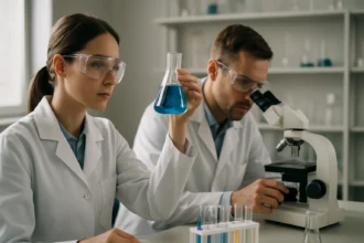 Laboratóriumi kísérletezés kalcium-cianamiddal foglalkozó tudósokkal