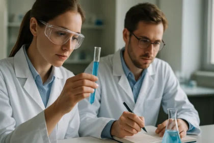 Két kutató laboratóriumban kalcium-citrátot vizsgál