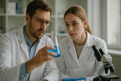 Két kutató laboratóriumban kalcium-diacetátot tanulmányoz.