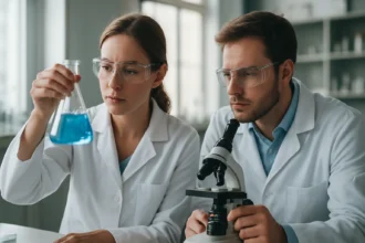 Két tudós laborban, kémiai kísérletet végeznek kalcium-glutamáttal.