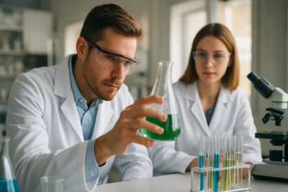 Két fiatal tudós kémiai kísérletet végez az laboratóriumban.