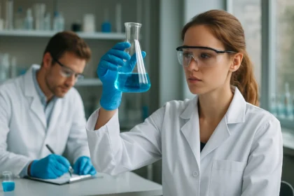 Kémiai kísérlet kalcium-karbonáttal és kalcittel laboratóriumban.