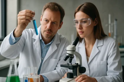 Két tudós laboratóriumban, kalcium-karbonát analízist végezve.