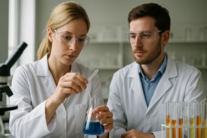 Két vegyész laborban kalcium-klorid vizsgálat közben.