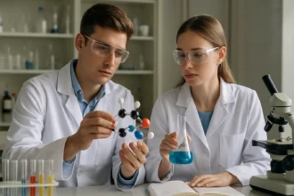 Két kutató a kalcium-ortofoszfát molekulájával és laboratóriumi kísérlettel.