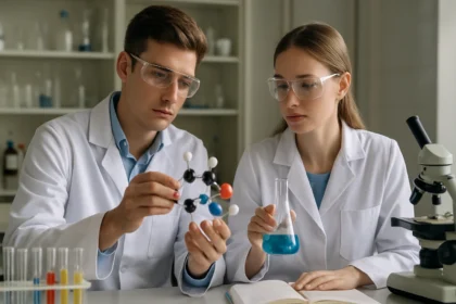 Két kutató a kalcium-ortofoszfát molekulájával és laboratóriumi kísérlettel.