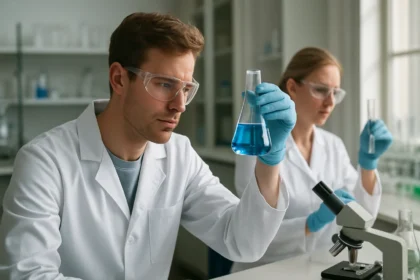 Két tudós laboratóriumban, kémcsöveket és mikroszkópot használva.