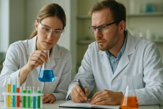 Két kutató kémiai kísérleteket végez laboratóriumban.