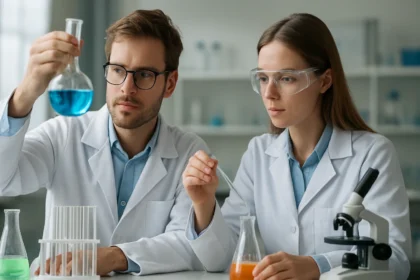 Kémikusok laboratóriumi kísérletek közben, folyékony anyagokat vizsgálnak.