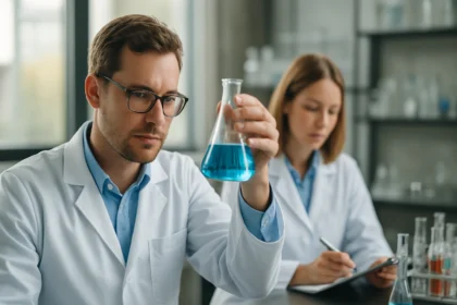 Két tudós laboratóriumban, kalcium-szulfit vizsgálata