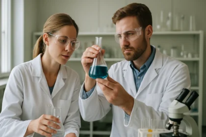 Két tudós laboratóriumban, kék folyadékkal teli Erlenmeyer lombikot vizsgálnak.