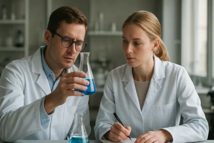 Két tudós laboratóriumban káli-lúg oldatot elemez.