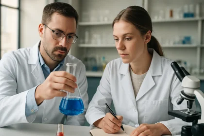 Két kutató laboratóriumban a kalitimsó vizsgálatát végzi.