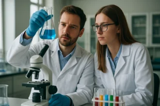 Két tudós laboratóriumban kálium-alginát elemzésén dolgozik.